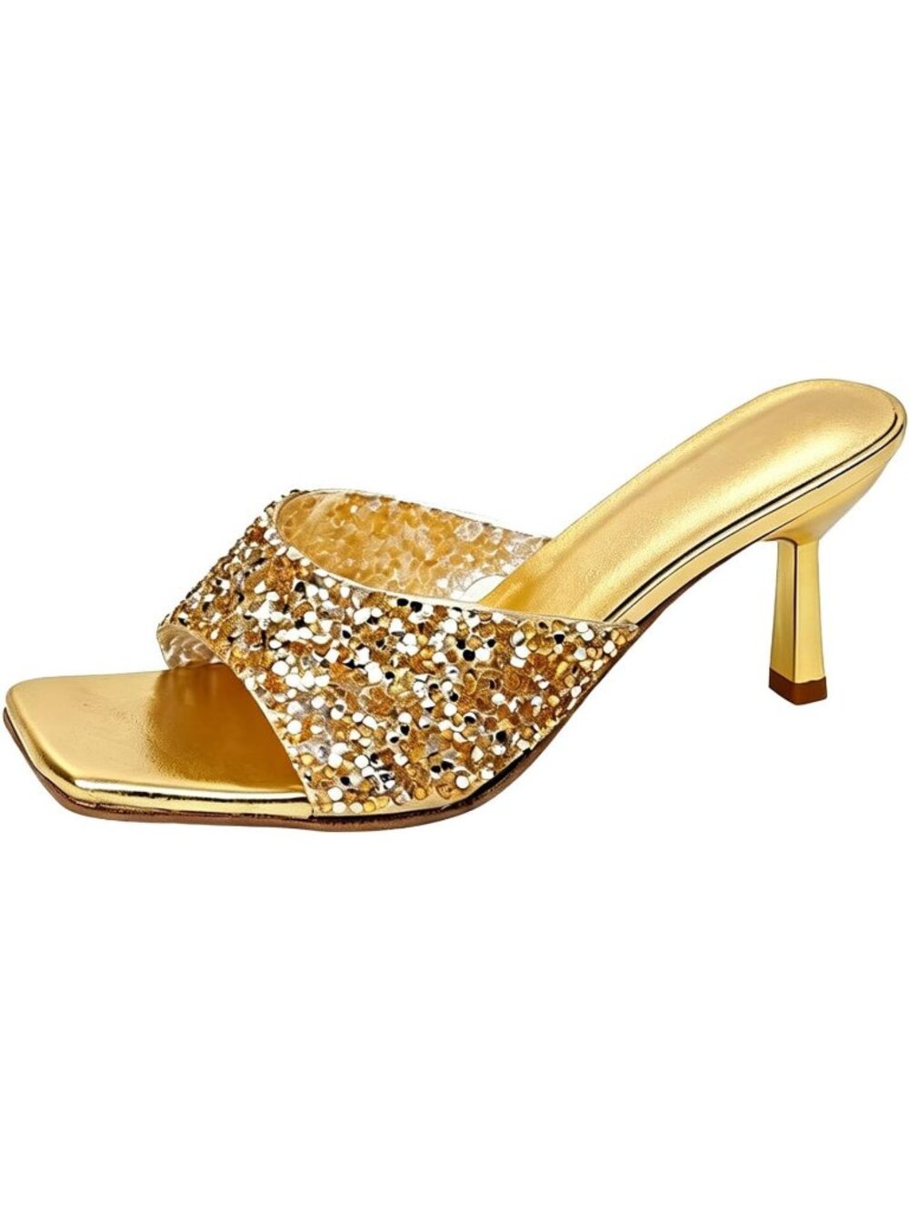 Women's Gold 1 Wide Strap Shiny Rhinestones Stiletto Sandals Square Open Toe
